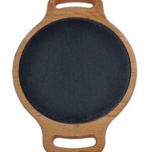 Блюдо для подачи круглое d=20 см. h=1,5 см. черное, сланец, на дерев. подставке с ручками /1/